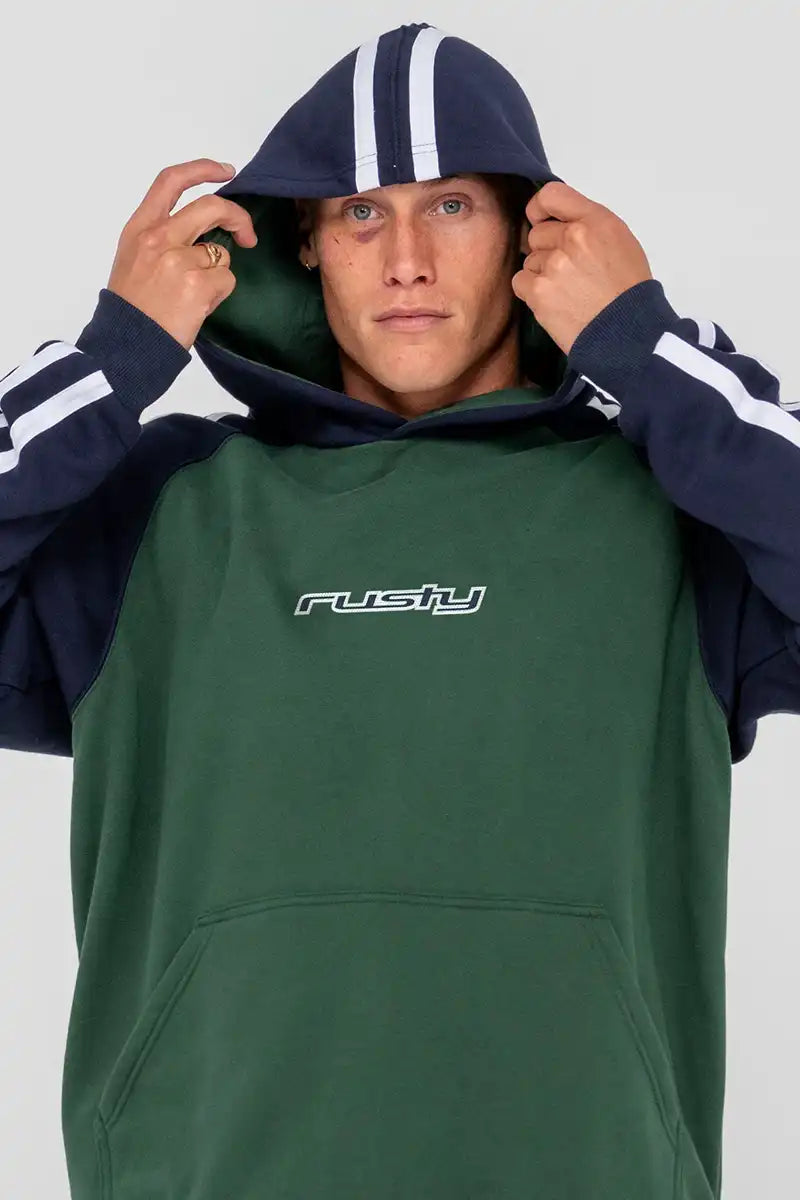 Rusty Mens Denny Raglan Fleece Hoodie in Green front hood detailed view