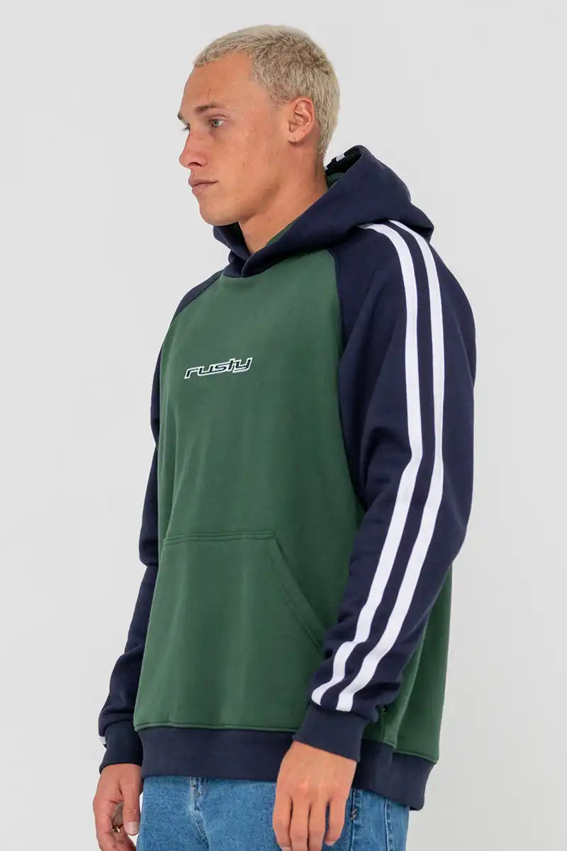 Rusty Mens Denny Raglan Fleece Hoodie in Green side view