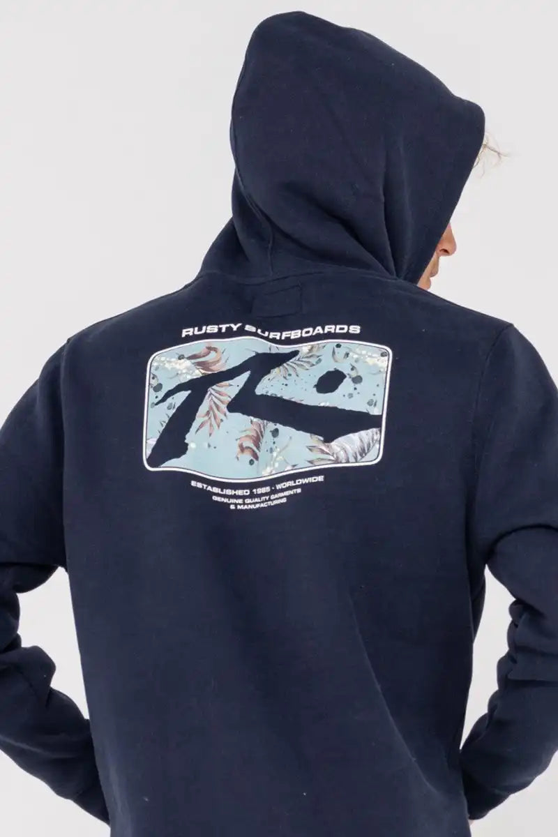 Rusty Men's Hoodie Advocate Graphic Super Fleece in Navy back print detail