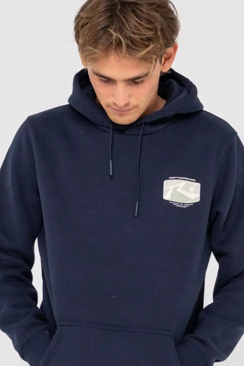 Rusty Men's Hoodie Advocate Graphic Super Fleece in Navy front detailed view