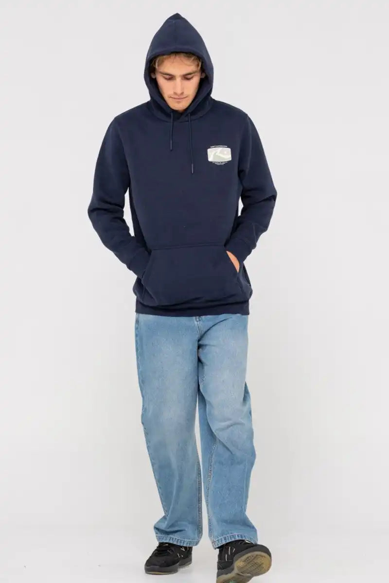 Rusty Men's Hoodie Advocate Graphic Super Fleece in Navy full model front view