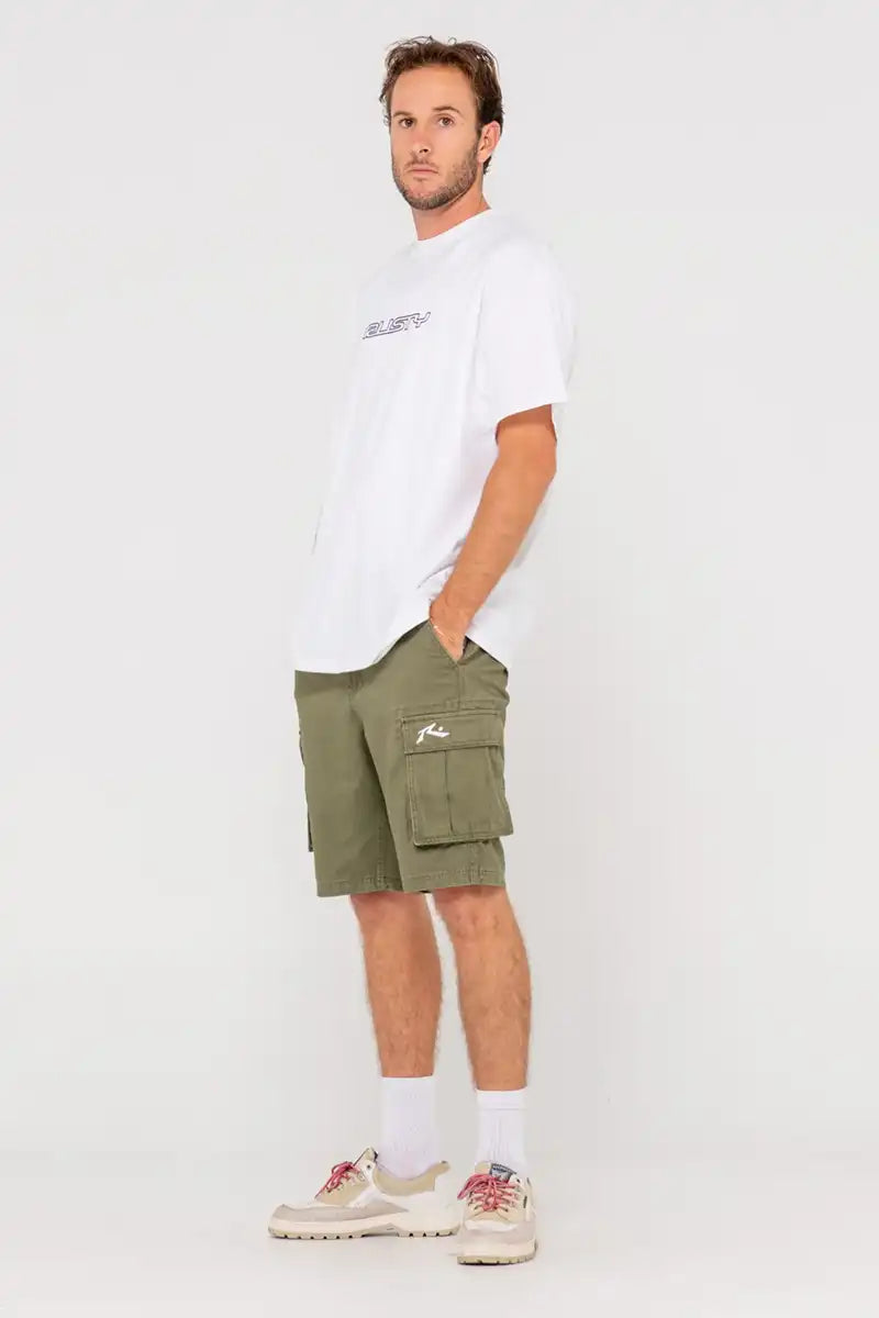 Rusty Men's Manila Cargo Short in Army Green side full model view