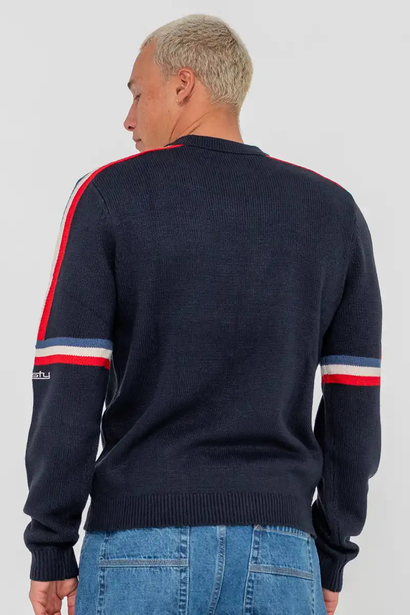 Rusty Mens Moritz Crew Knit in Navy Blue back view