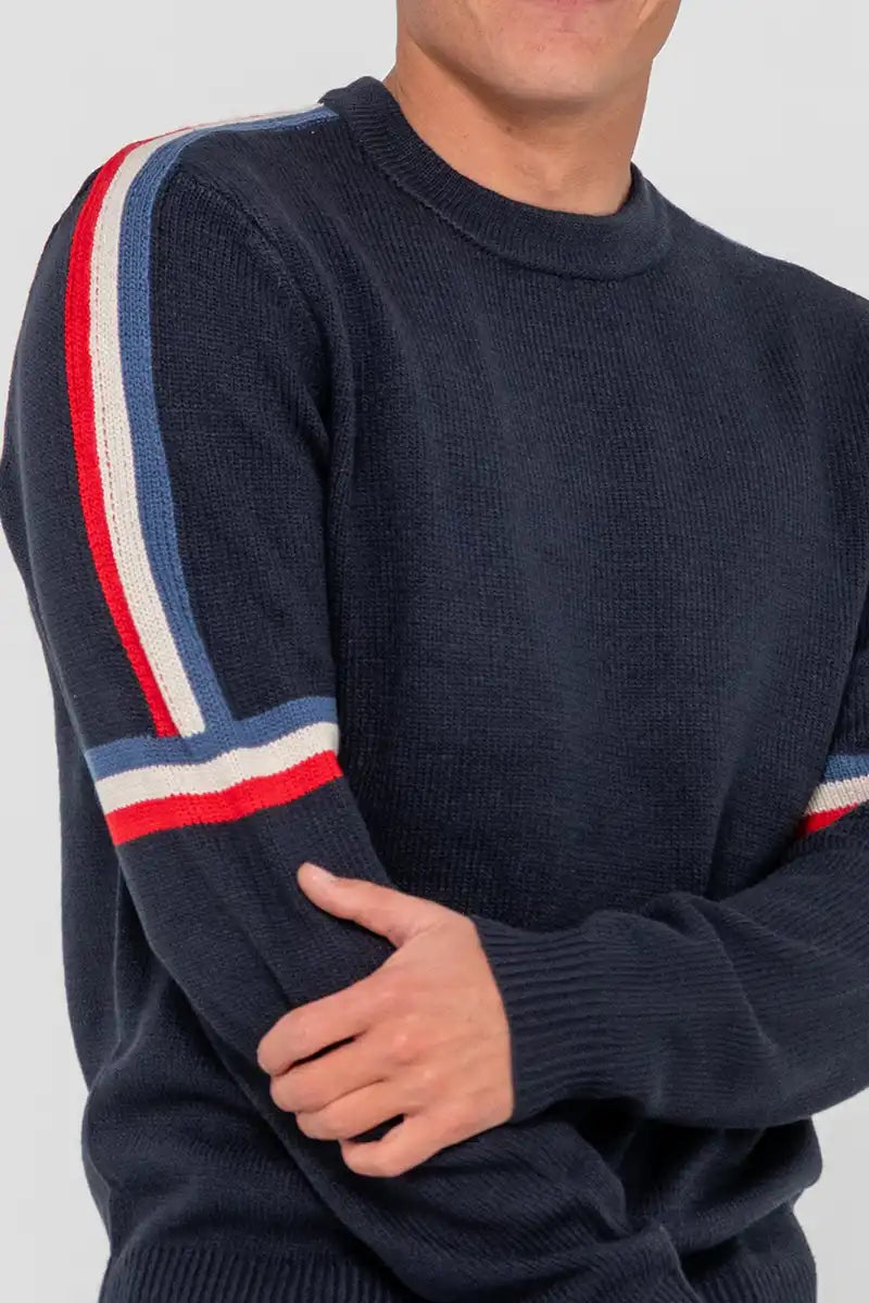 Rusty Mens Moritz Crew Knit in Navy Blue front detail view showing steps