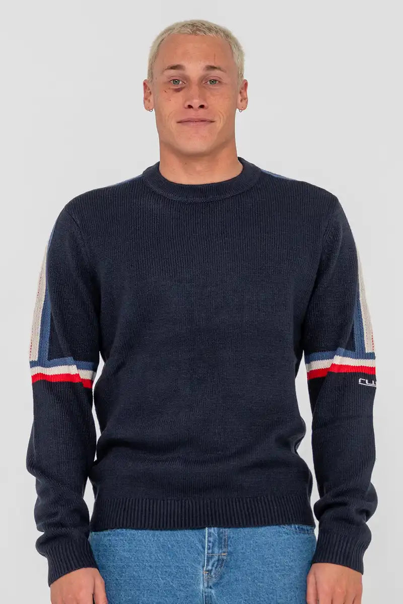 Rusty Mens Moritz Crew Knit in Navy Blue front view