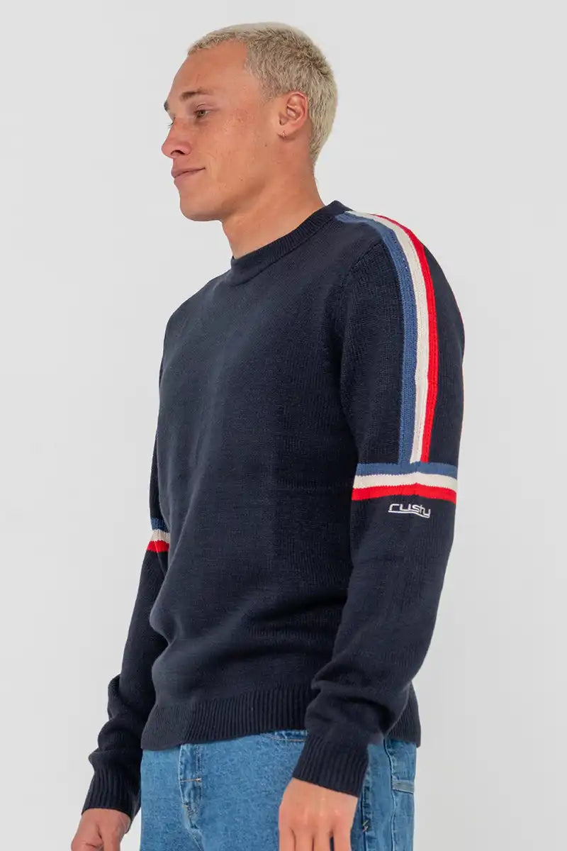 Rusty Mens Moritz Crew Knit in Navy Blue side view