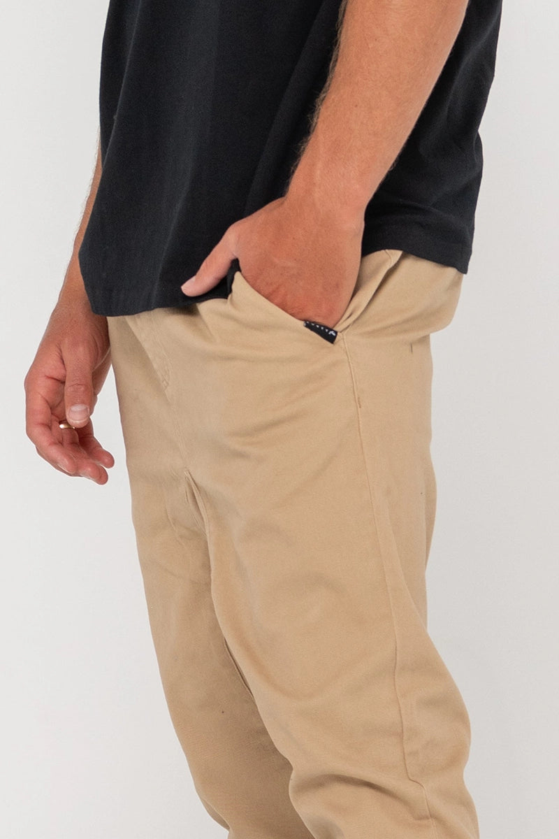 Rusty Mens Pant - Hook Out Slim Fit Elastic in Khaki detailed view of the side pockets