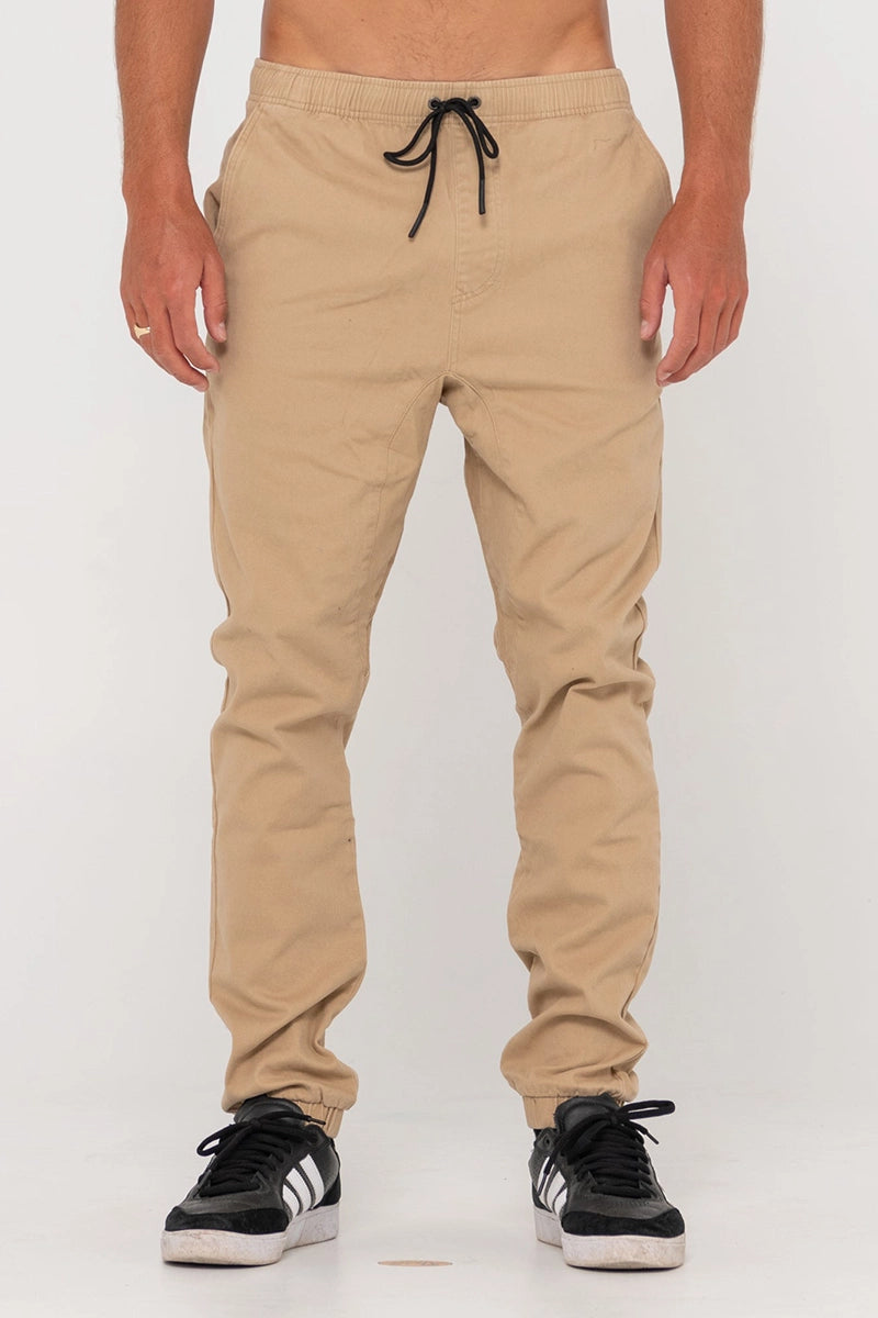 Rusty Mens Pant - Hook Out Slim Fit Elastic in Khaki front view