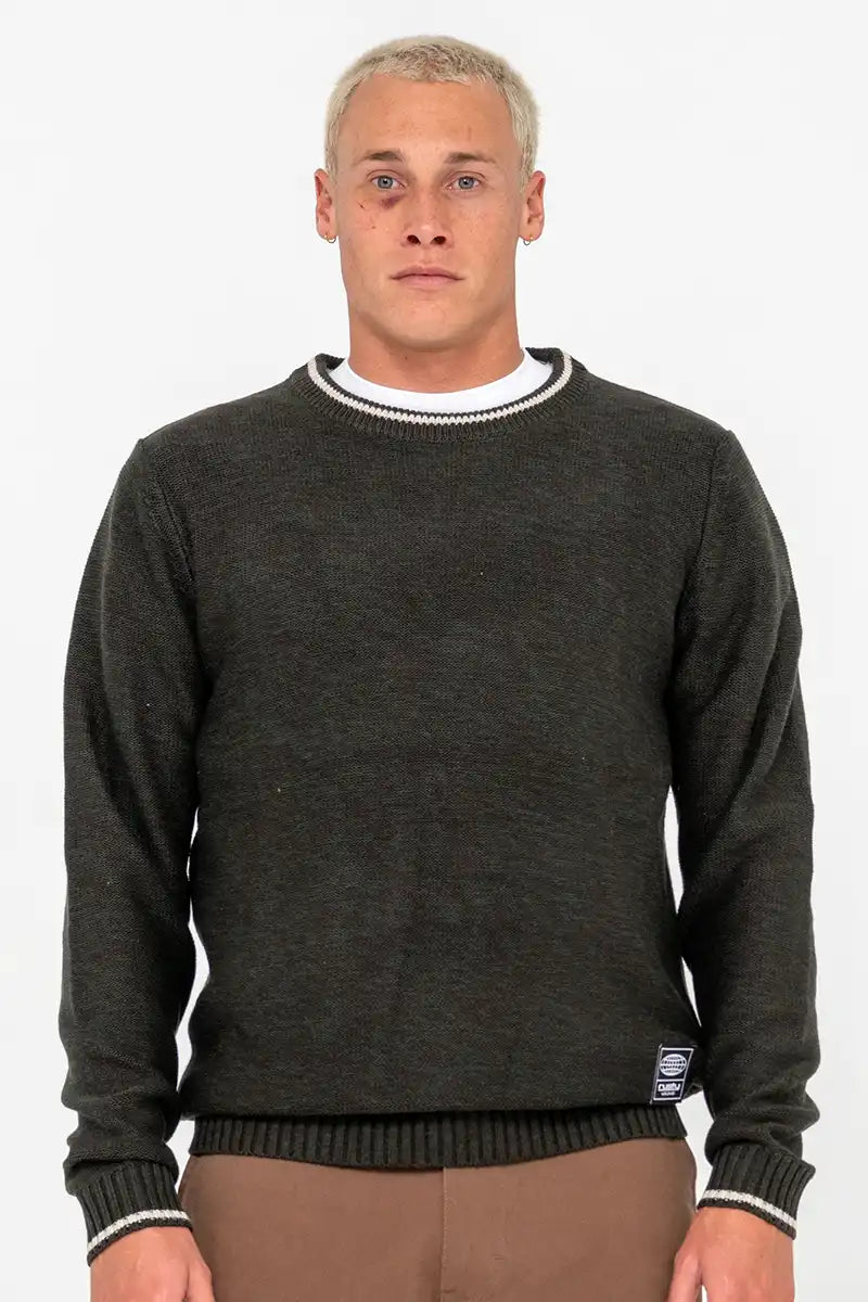Rusty Mens Skyliner Tipped Crew Knit in Green Gables front view
