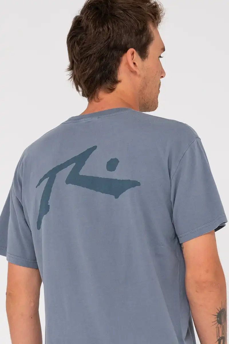 Rusty Men's Tee Comp Wash Short Sleeve in China Blue back logo detail