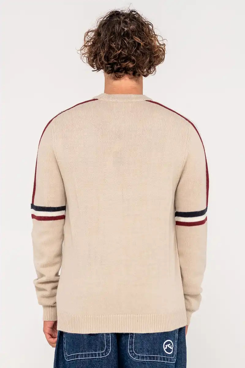 Back view of Rusty Moritz 2.0 Graffiti R Knit Sweater – Java brown knit with contrast stripe details and relaxed fit.