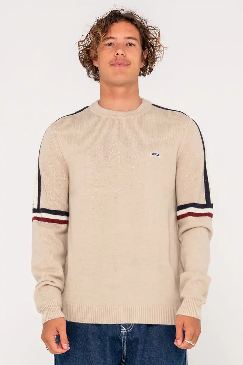 Front view of Rusty Moritz 2.0 Graffiti R Knit Sweater – OG regular fit crew with contrast stripes and Rusty embroidered logo.