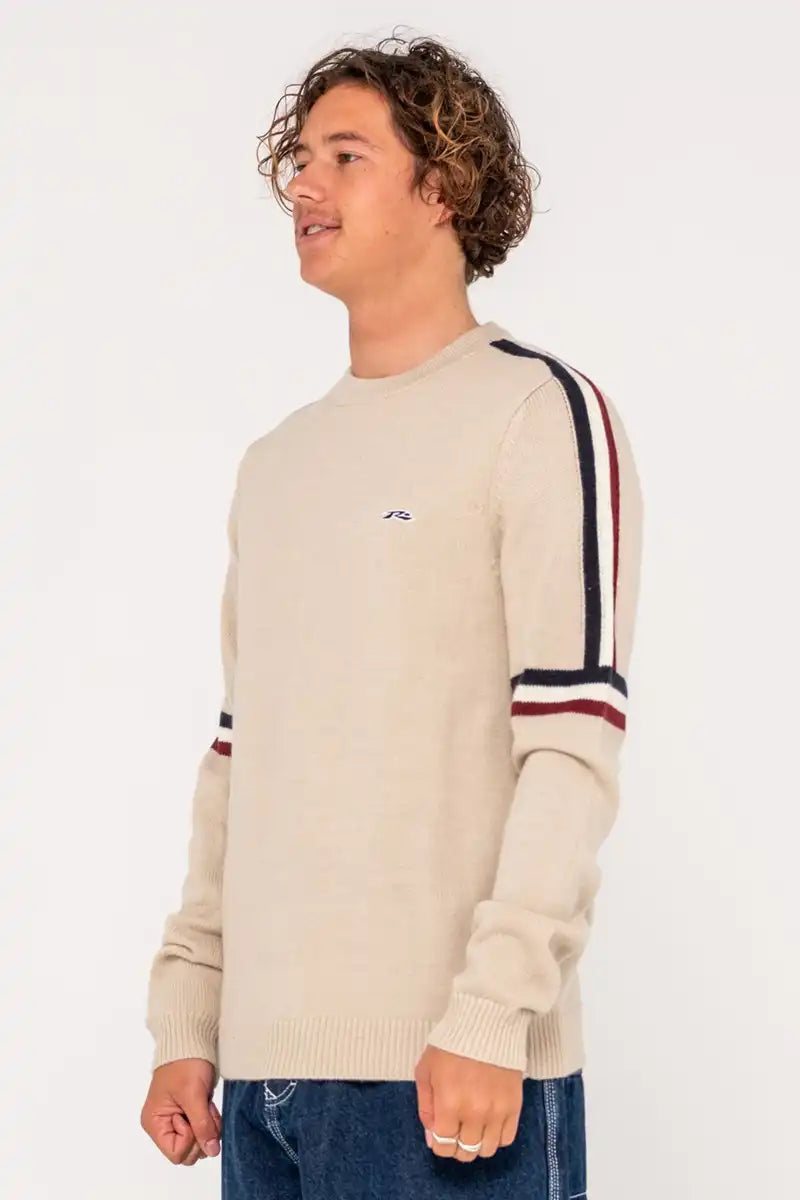 Side view of Rusty Moritz 2.0 Graffiti R Knit Sweater – showing crew neck cut and slouchy OG fit.