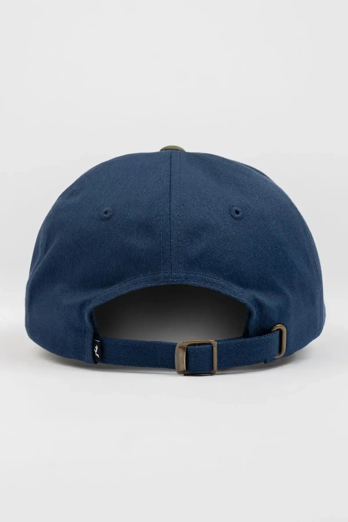 Rusty Rusty Road Trip Dad Cap in Navy Blue back view showing closure buckle on a white background