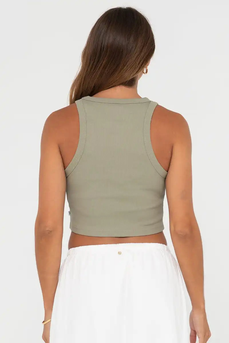 Rusty Women's Contrast Racer Tank in Faded Pistachio back view