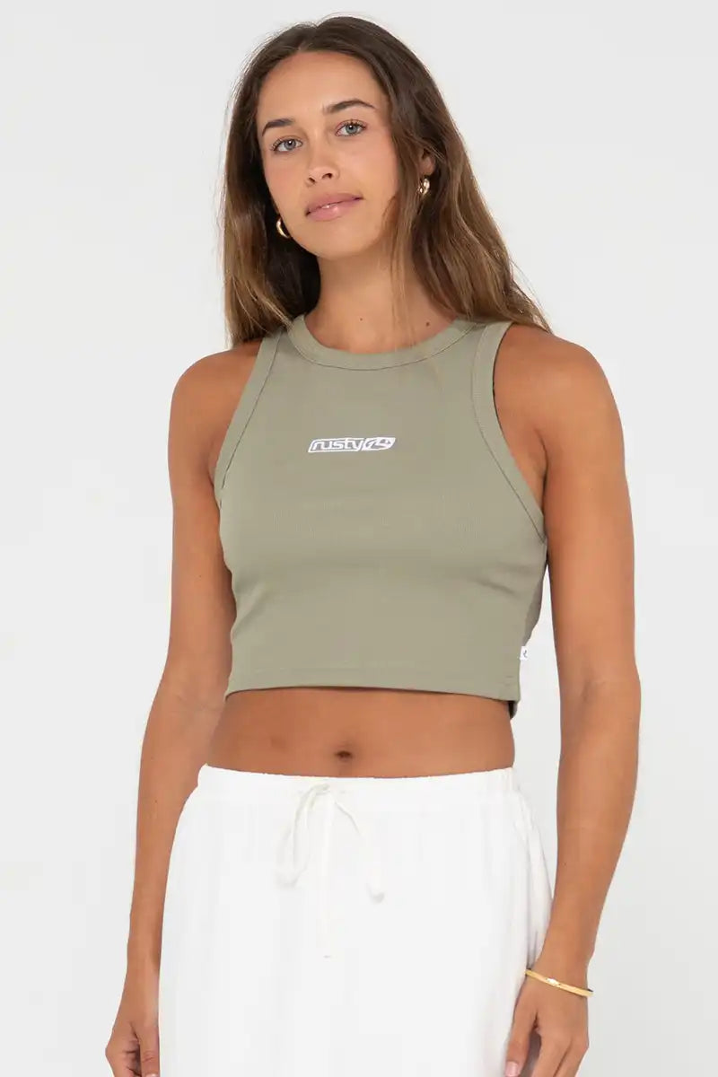 Rusty Women's Contrast Racer Tank in Faded Pistachio front 3/4 view