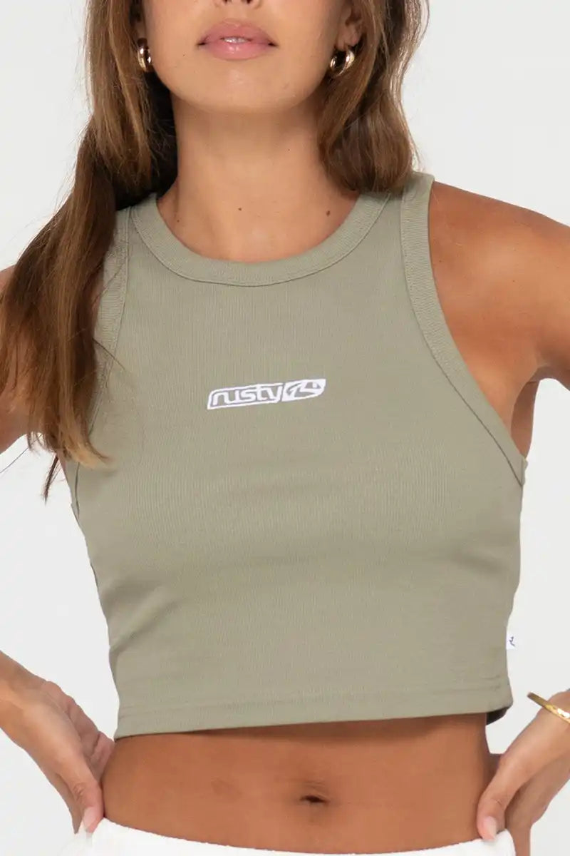 Rusty Women's Contrast Racer Tank in Faded Pistachio front detail view