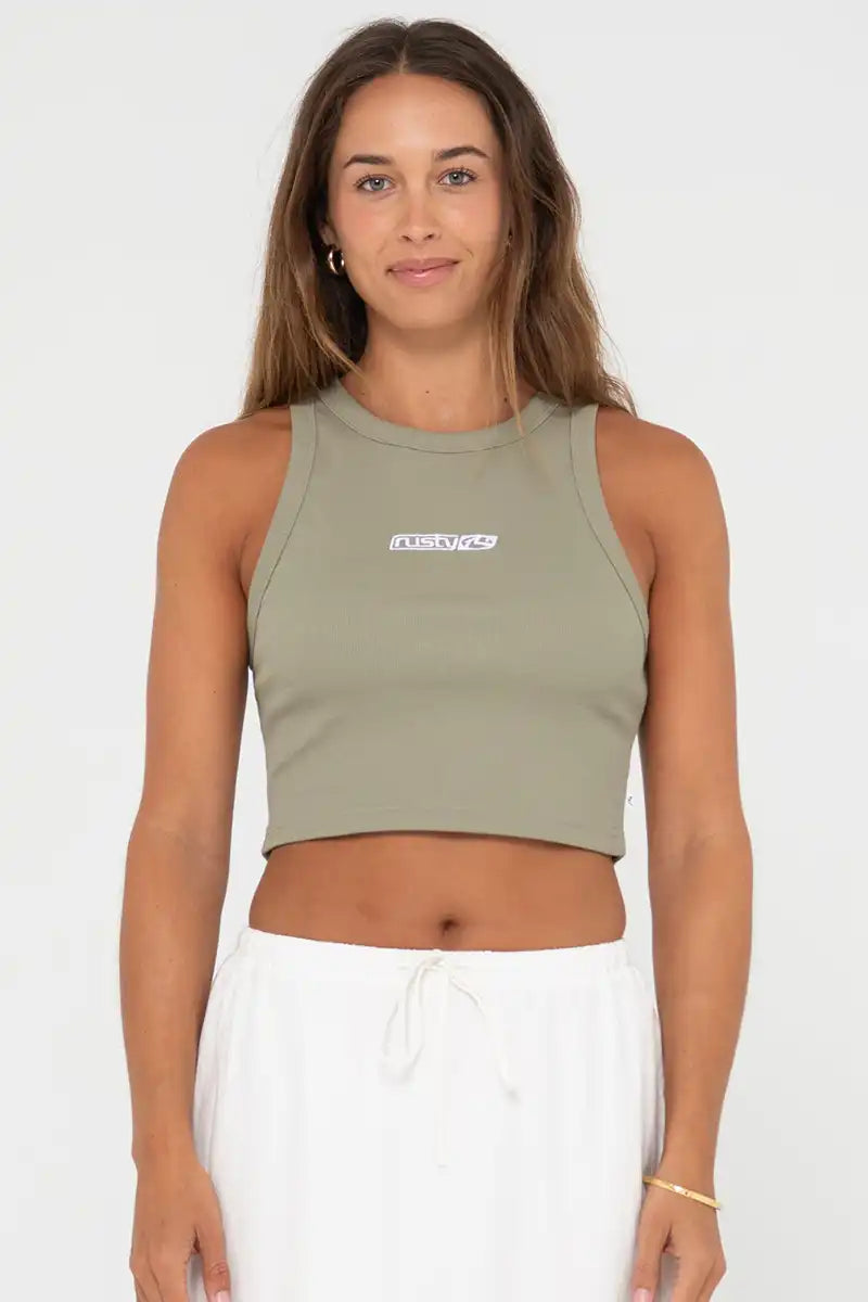 Rusty Women's Contrast Racer Tank in Faded Pistachio front view