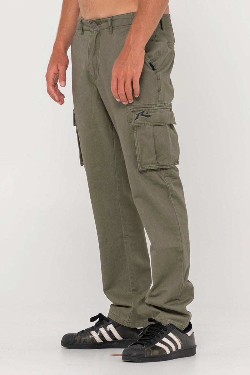 Rusty Mens Manila Cargo Pant in Army Green side view