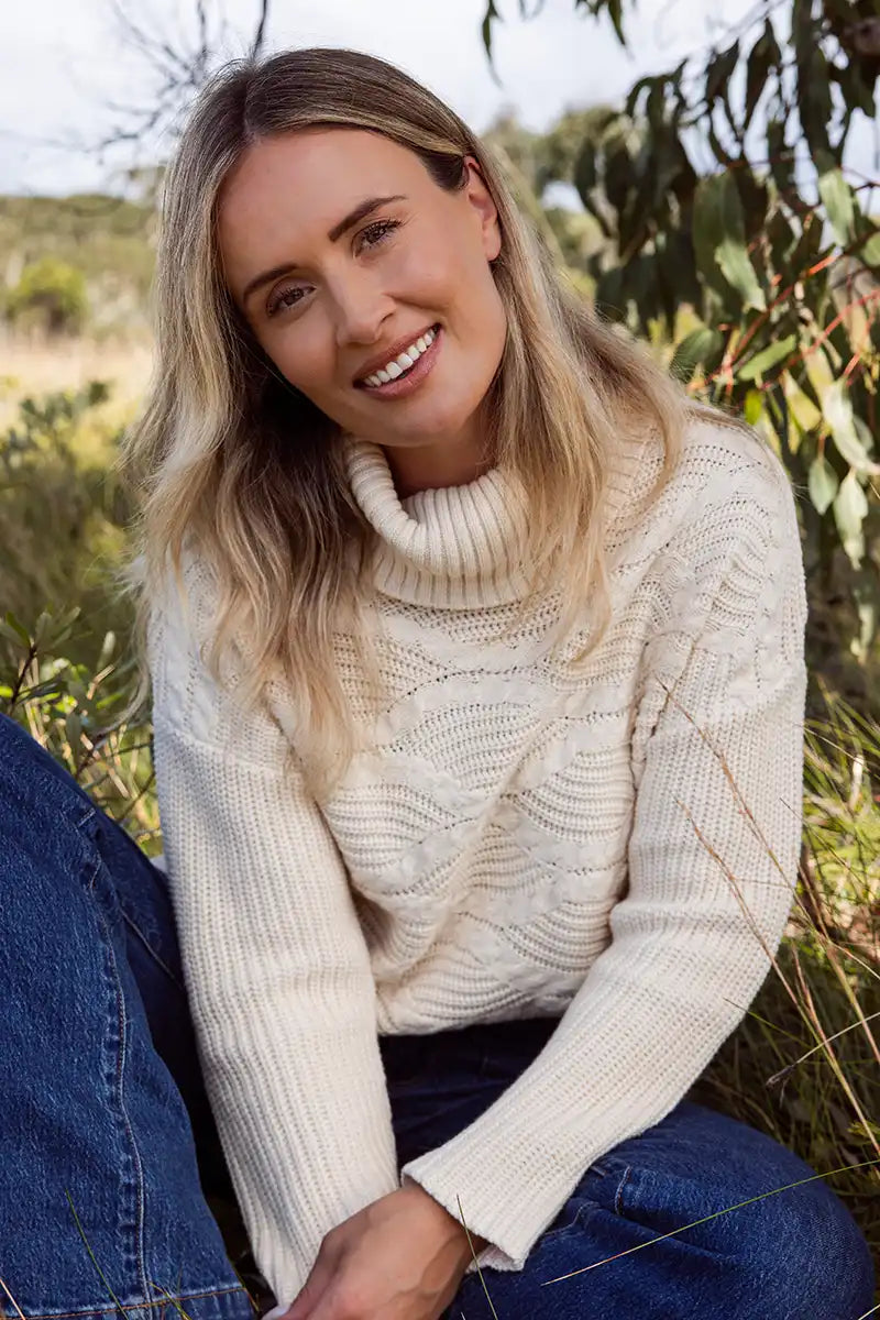 See Saw Acry Wave Knit Sweater in Vanilla front sitting view 2