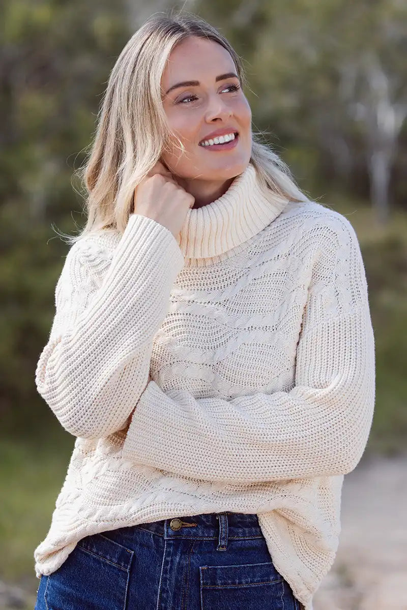 See Saw Acry Wave Knit Sweater in Vanilla front view with sleeve detail