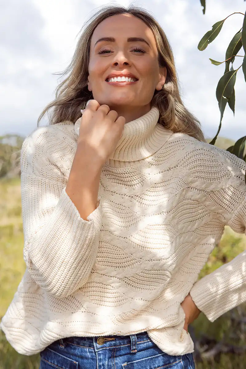 See Saw Acry Wave Knit Sweater in Vanilla front detail view