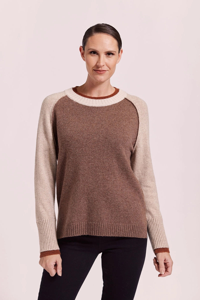 See Saw Spliced Crew Neck Sweater In Mocha Combo front