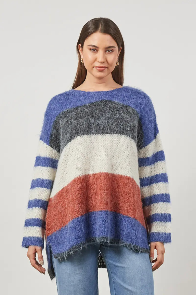 Serene Stripe Jumper in Azure by Isle of Mine front detailed view