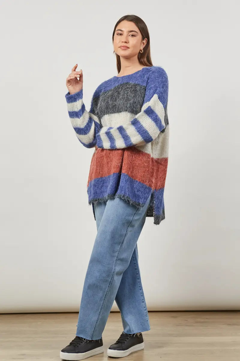 3/4 font view of the Serene Stripe Jumper in Azure by Isle of Mine