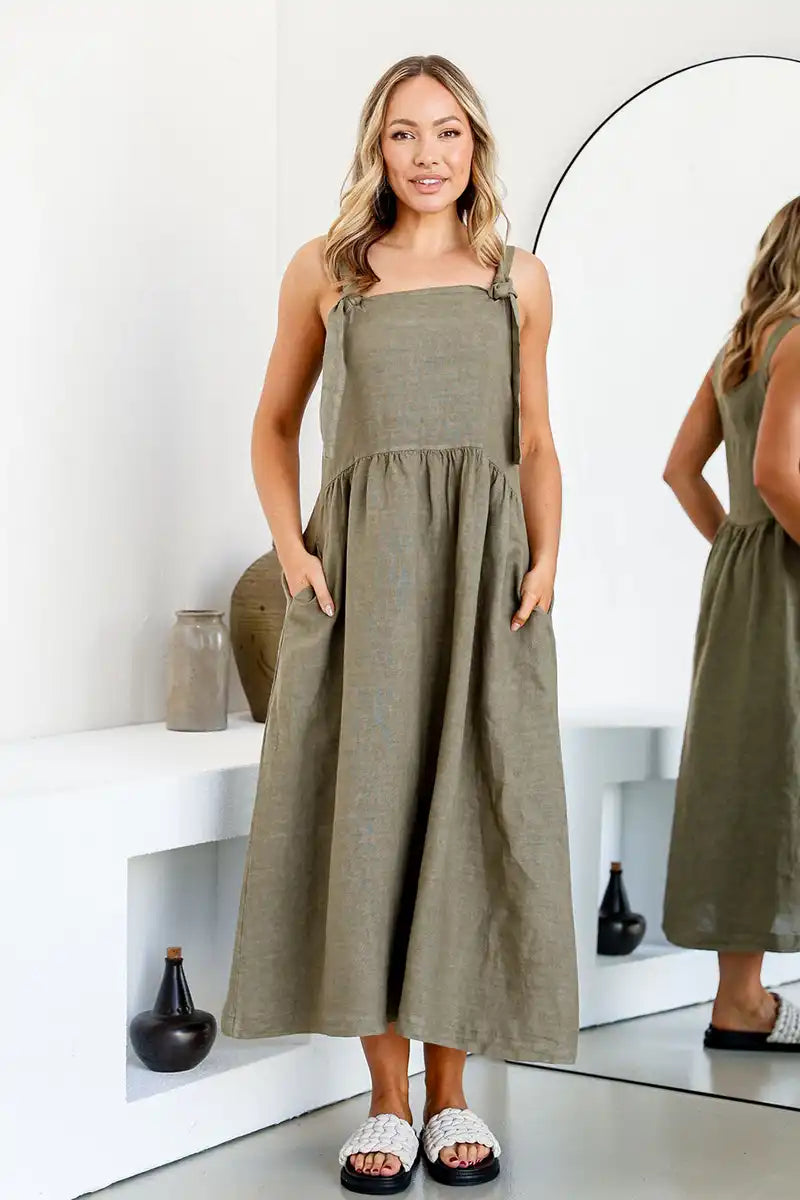 Sofia Linen Pinafore Dress – Olive Green