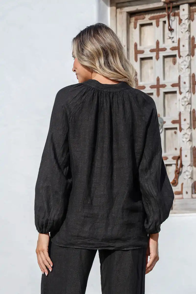 Sophia Italian Linen Blouse – Effortless Elegance in Classic Black back view