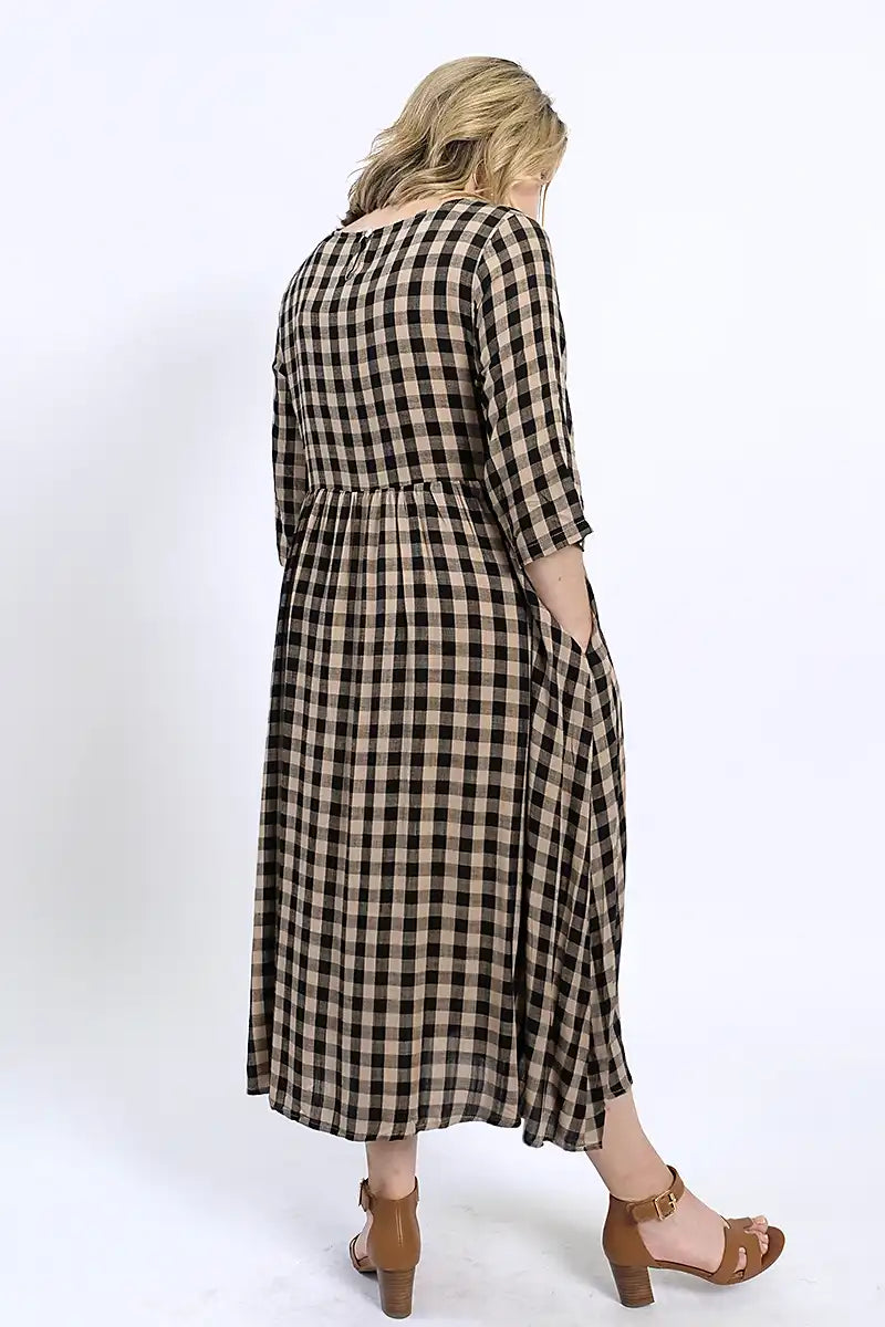 Talia Soft Gingham Dress in Black and Beige back view