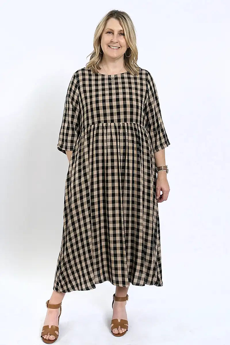 Talia Soft Gingham Dress in Black and Beige front view