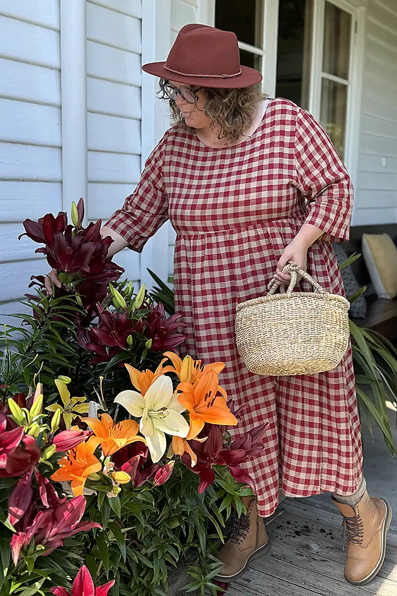 Talia Soft Gingham Dress in Red and Beige with flowers