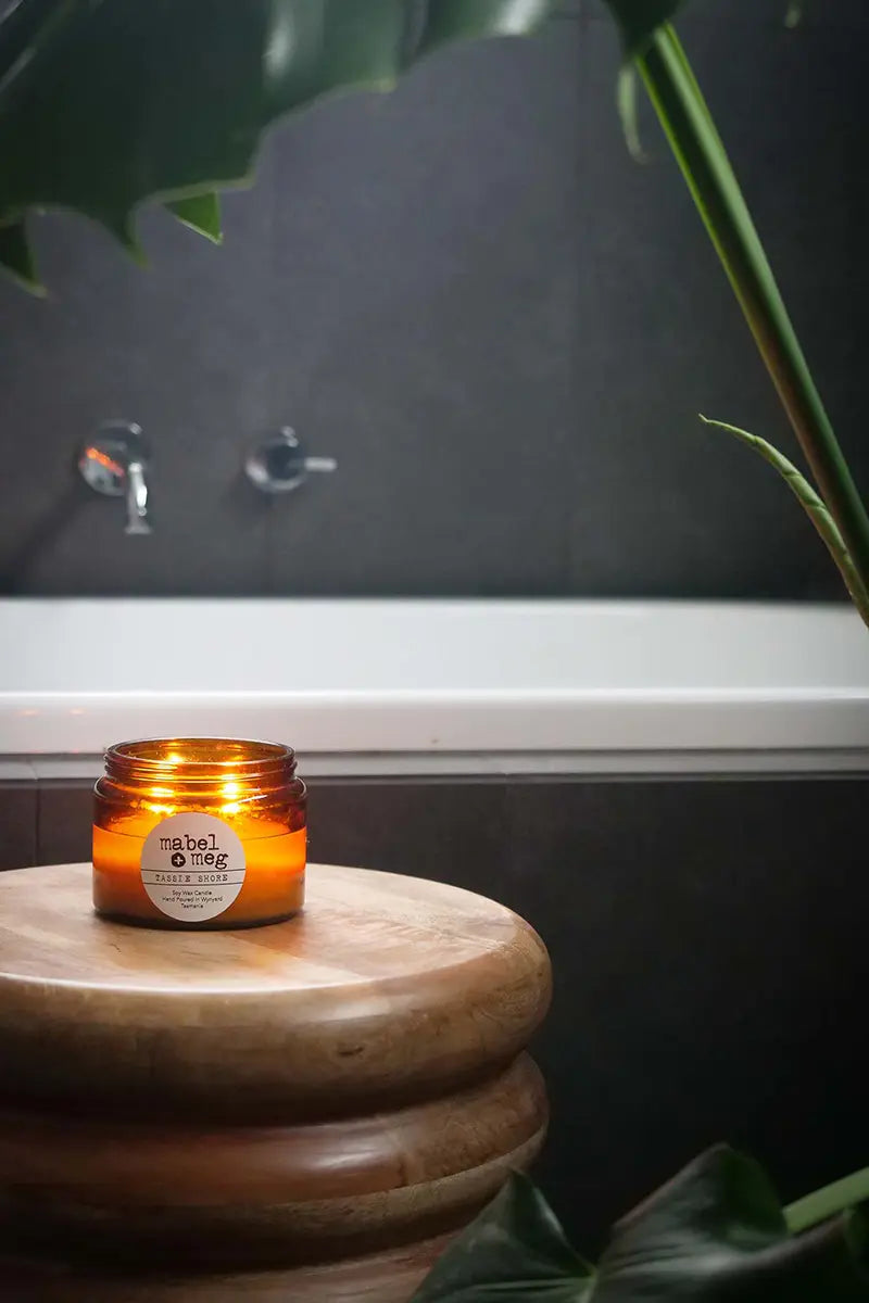 XL Mabel + Meg Classic Soy Candle Tassie Shore - Classic next to the bath ready for relaxing