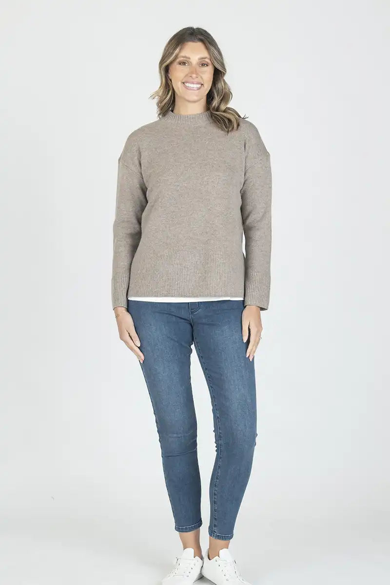 The Woodland Lambswool Knit - Mink front full model view