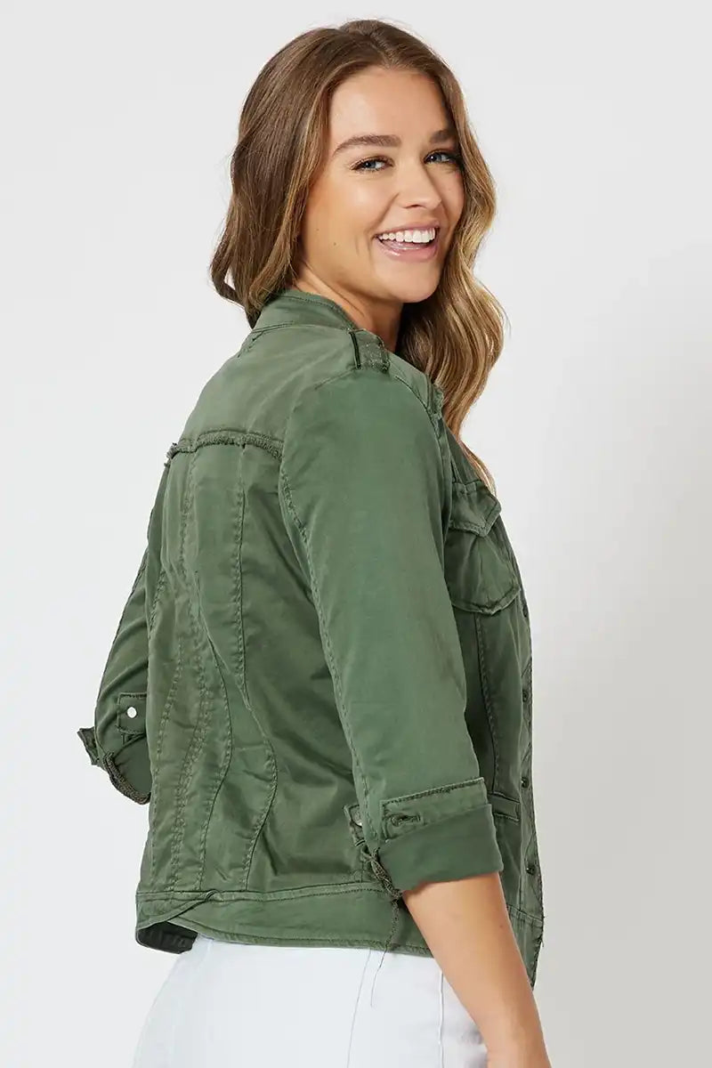 Threadz Military Denim Jacket - Khaki side-back view