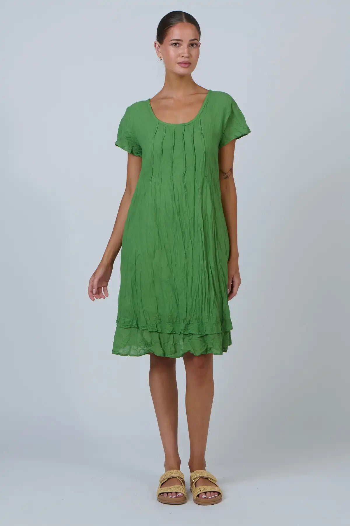 Tidal Pleat Crinkle Cotton Dress — Apple Green
