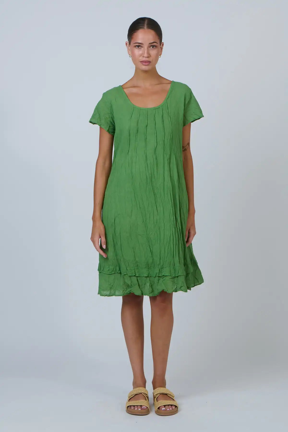 Tidal Pleat Crinkle Cotton Dress — Apple Green