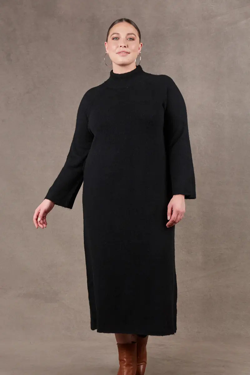 front view of the Paarl Tie Knit Dress in Ebony by Eb & Ive without waist tie