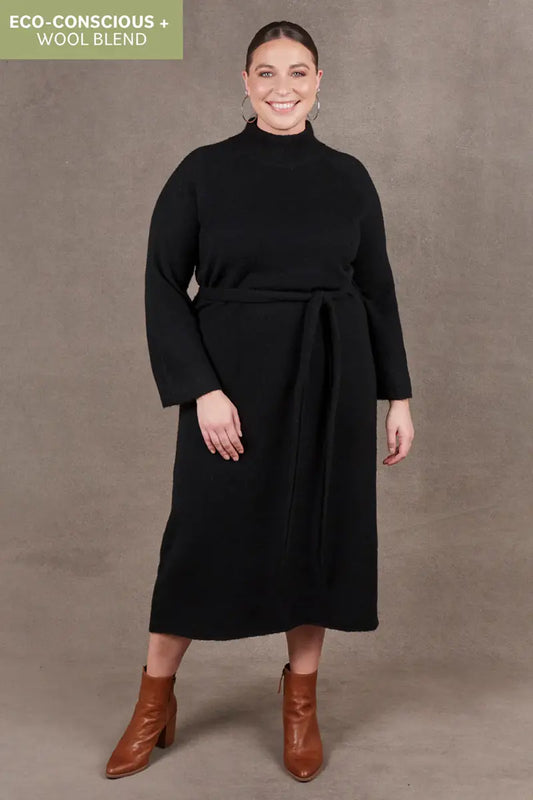front view of the Paarl Tie Knit Dress in Ebony by Eb & Ive with waist tie on