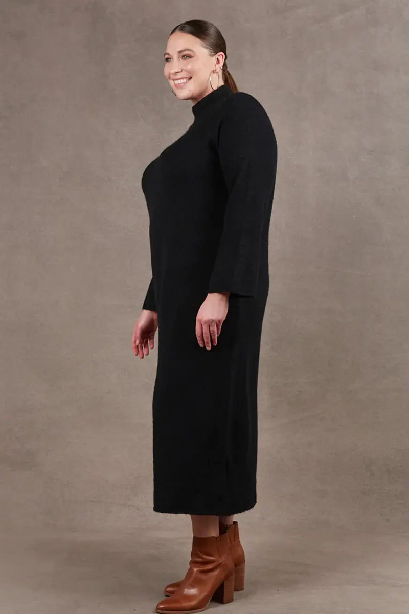 side view of the Paarl Tie Knit Dress in Ebony by Eb & Ive without waist tie