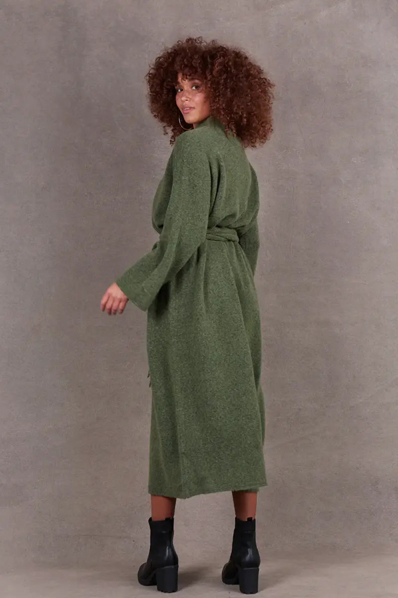 Back view of the Paarl Tie Knit Dress in Moss by Eb & Ive with waist tie