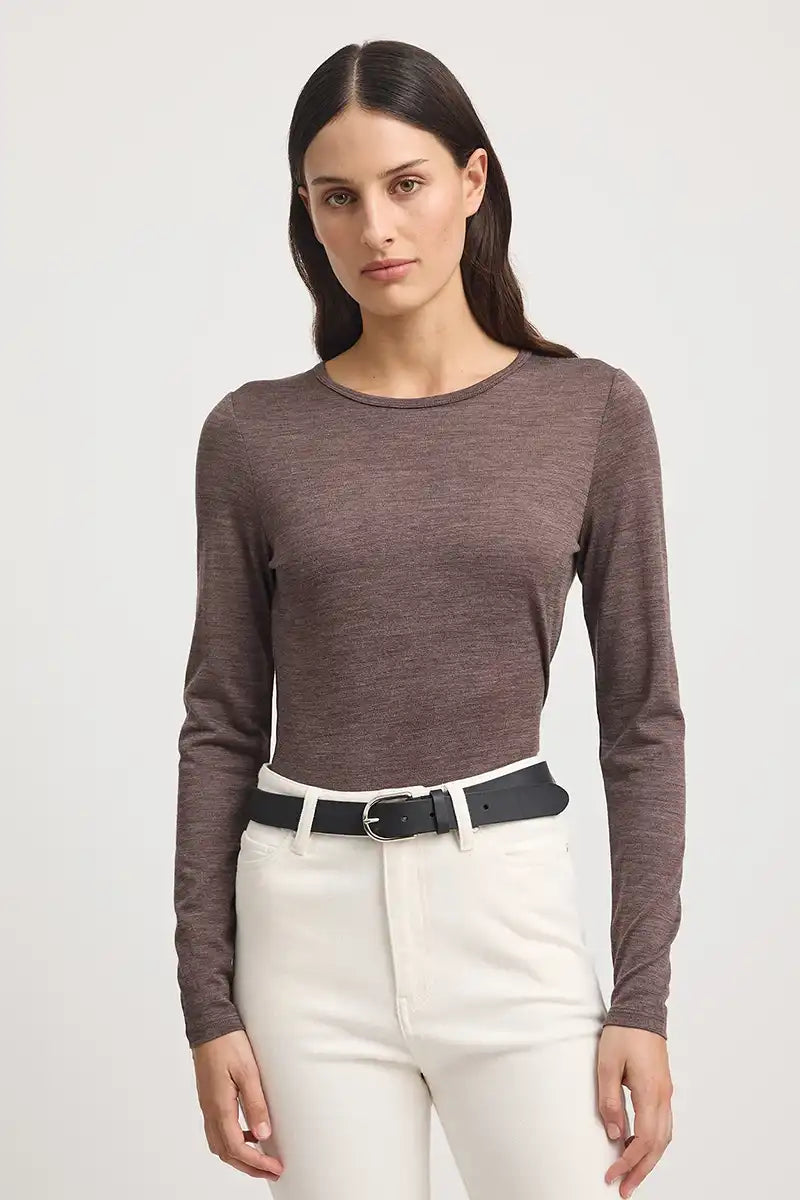 Toorallie Crew Merino Tee in Mocha front view with top tucked in