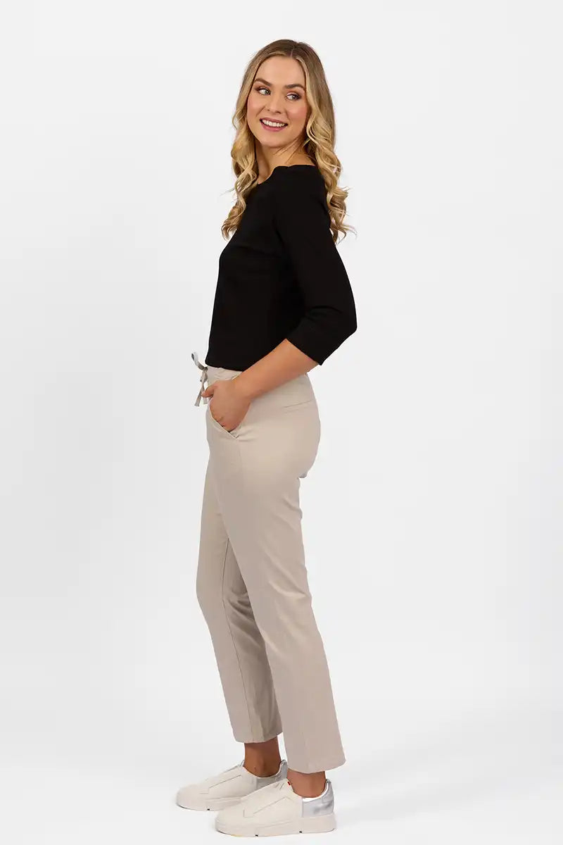 Vassalli Ankle Grazer Pant - Slim Leg Elastic Waist in Pumice side view
