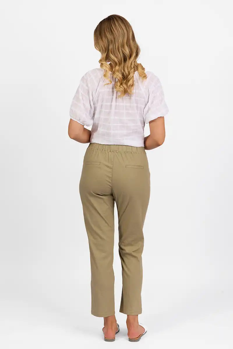 Vassalli Ankle Grazer Pant - Slim Leg Elastic Waist in Sage back view