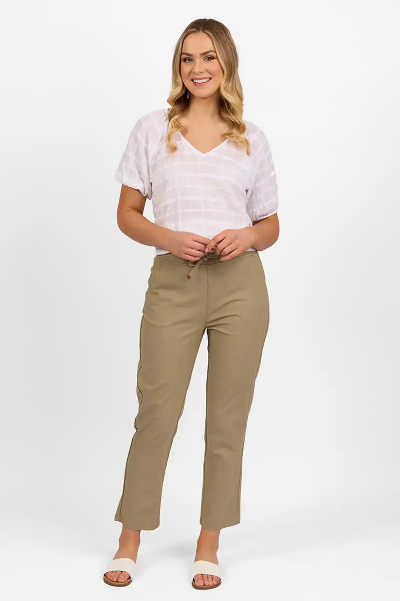 Vassalli Ankle Grazer Pant - Slim Leg Elastic Waist in Sage front full model view