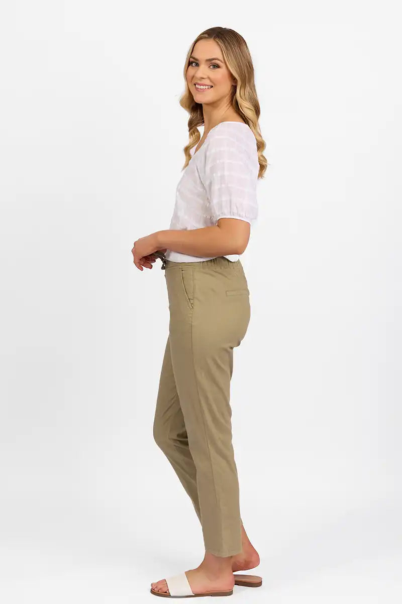 Vassalli Ankle Grazer Pant - Slim Leg Elastic Waist in Sage side view
