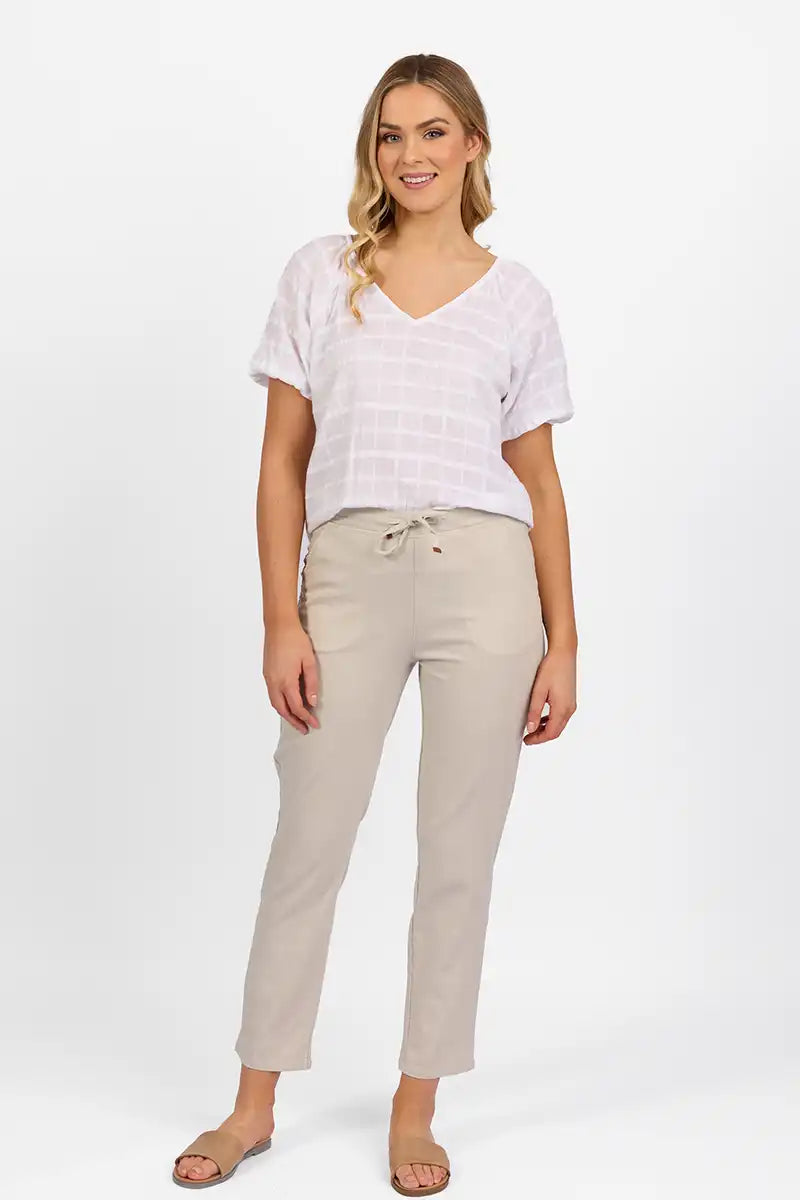 Vassalli Ankle Grazer Pant - Slim Leg Elastic Waist in Stone front full model view