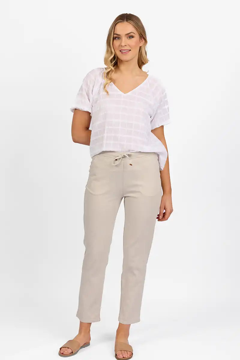 Vassalli Ankle Grazer Pant - Slim Leg Elastic Waist in Stone front full model view